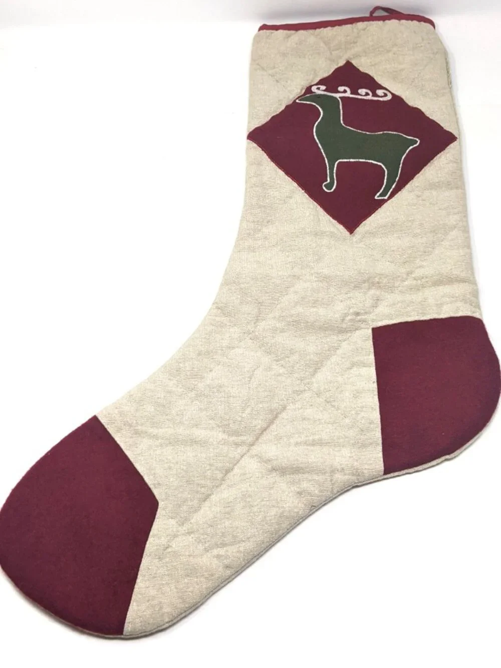 Quilted Farmhouse Christmas Stocking Rustic Country Homespun Burlap Deer